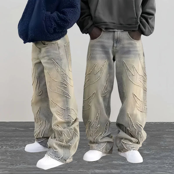 Ropa Y2K Streetwear Flame Embroidery Baggy Jeans Pants